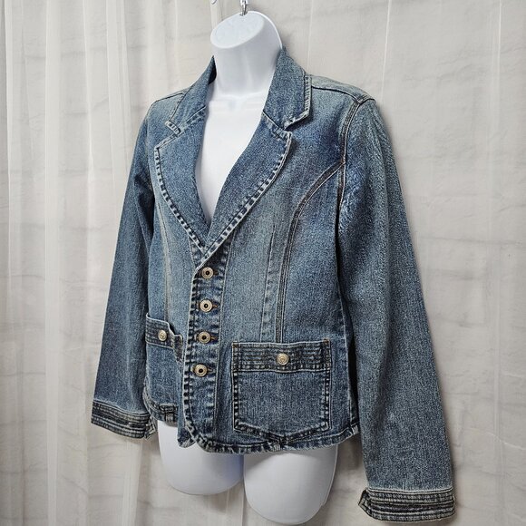 OTB Blue Denim Blazer Jacket Y2K Boho Western Prairie Coastal L - Picture 4 of 11